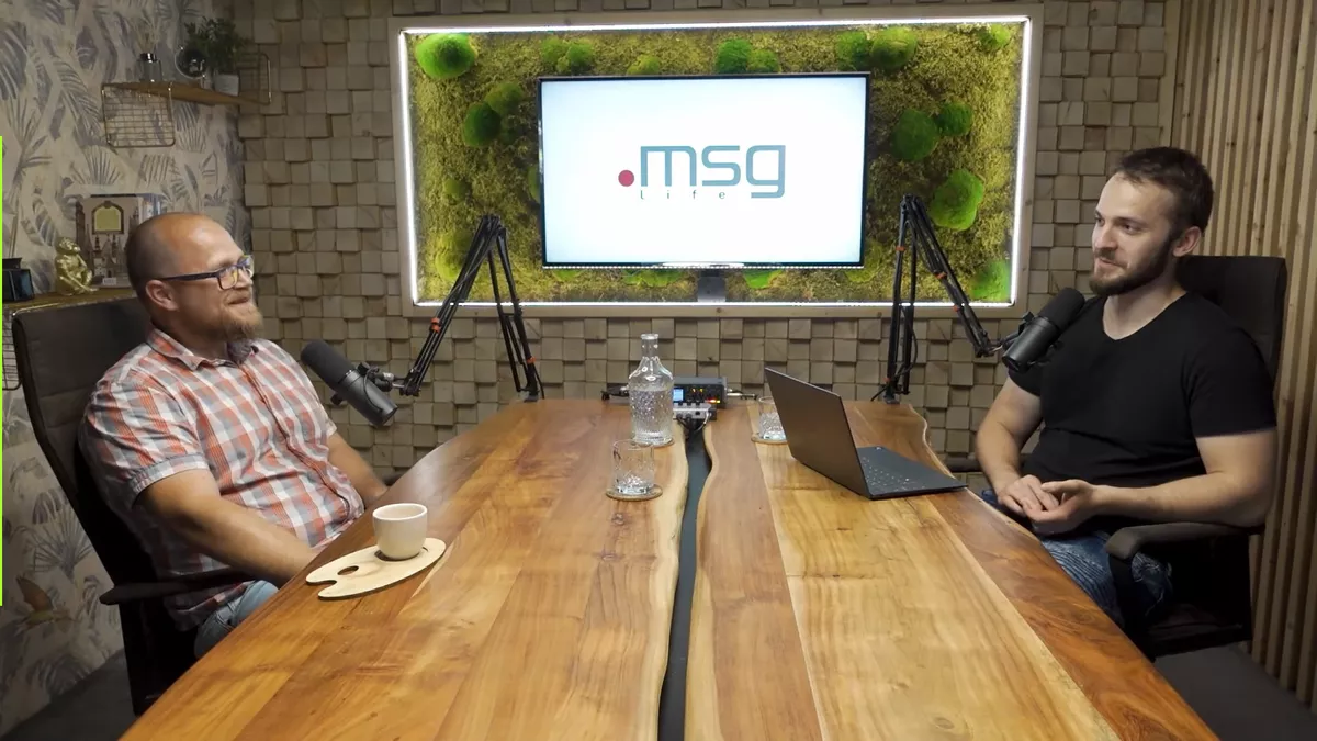 Java developer Matus and Michal Hucko talking in the studio while recording a podcast