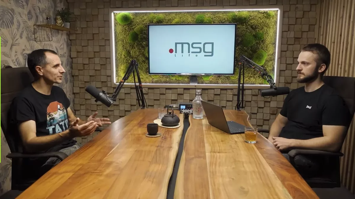 Scrum master Michal from msg life and Michal Hucko talking in the studio during the podcast recording