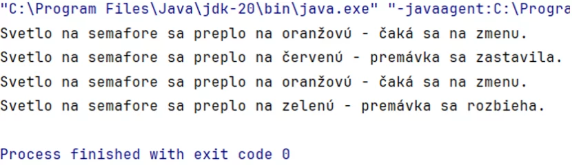 Výstup príkladu pre návrhové vzory Java: State (design pattern) 