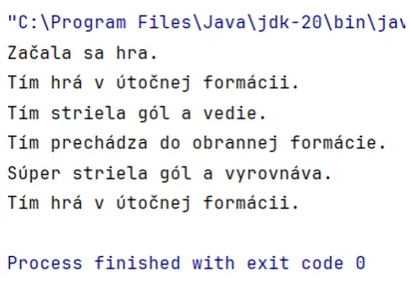 Výstup z programu pre Java návrhový vzor Strategy.