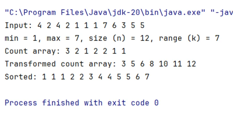 Ausgabe des Counting sort Beispiels