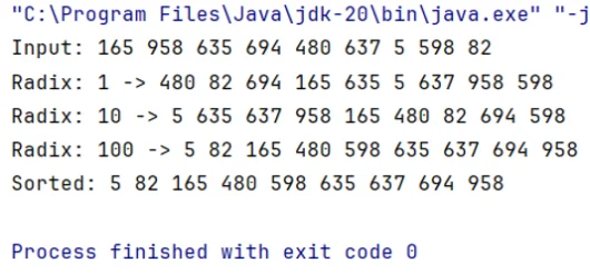Radix Sort - Implementierung, Java-Code - Ausgabe des Beispiels