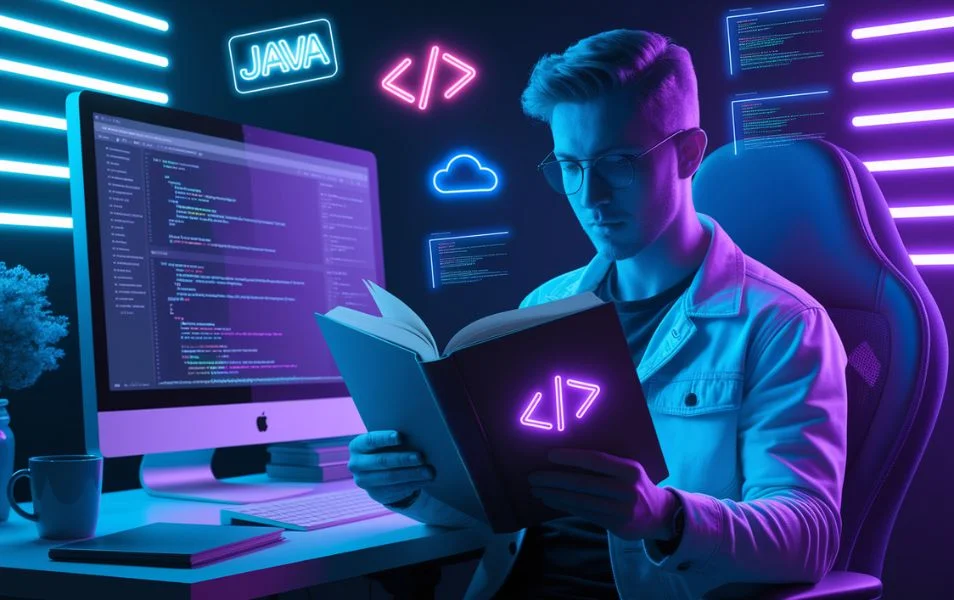 Mladý človek čítajúci knihu v pracovni pri počítači