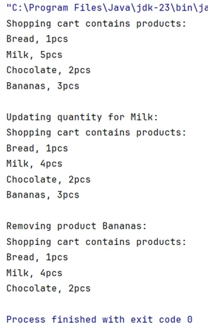 Výstup programu s použitím LinkedHashMap v simulácii nákupného košíka