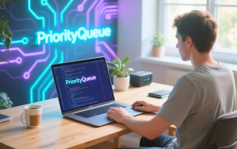 Mladý programátor píše v prostredí Java kód s využitím PriorityQueue.